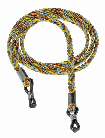 Das Bild zeigt ein zusammengerolltes Brillenband in den Farben Gold, Blau und Beige.